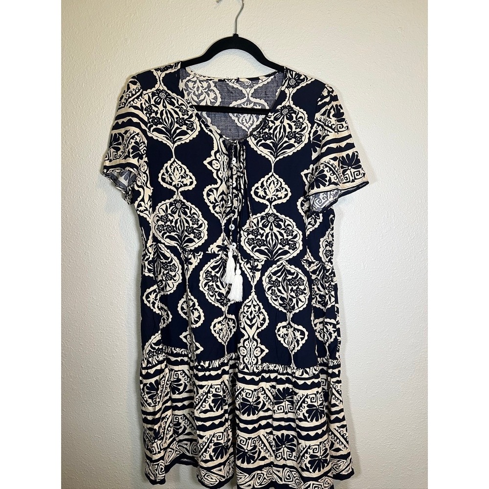 Beachsissi Mini Dress L Boho Navy Blue Beachy ResortwearTassel V-Neck Tiered
